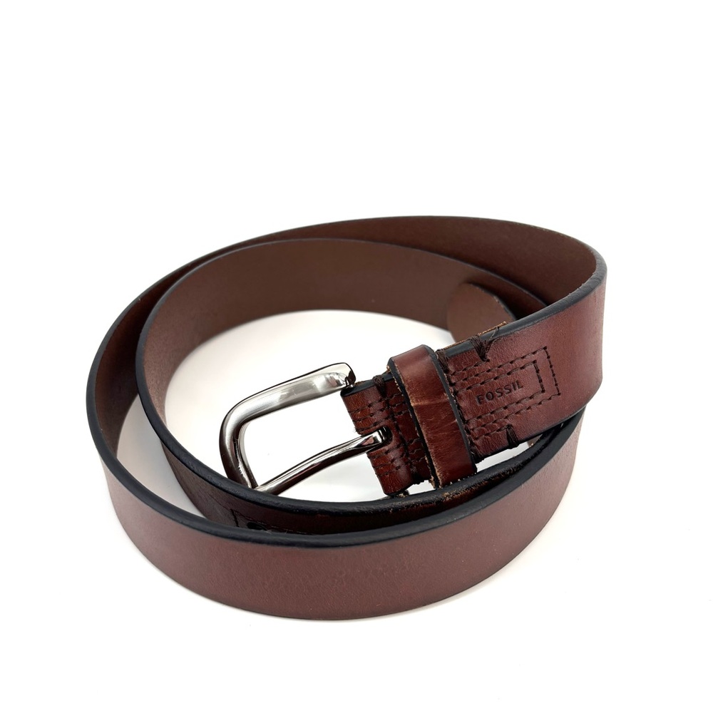 Fossil Mens Leather Belt Brown Silver‎ Buckle Size 40